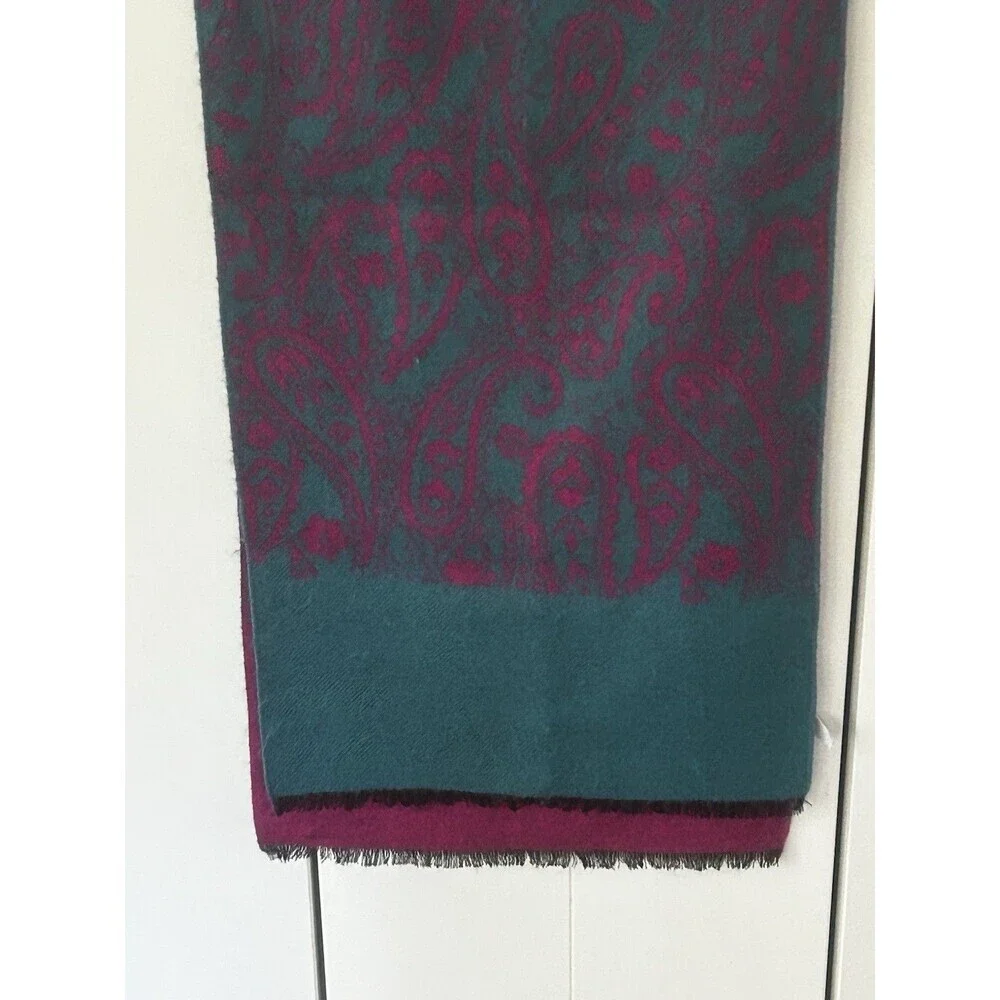 Jacobson's Scarf Made in France Paisley Print Magenta Teal Eyelash Trim